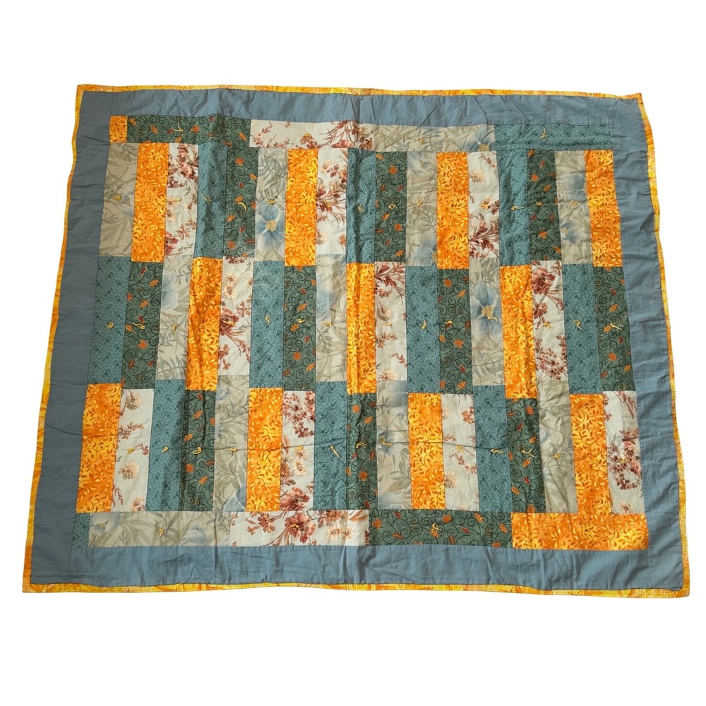 Handmade Patchwork Tied Quilt Orange Teal Floral Autumn Fall Blanket 38x44